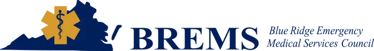 BREMS logo features a blue silhouette of Virginia with a yellow star of life medical symbol, including a rod of Asclepius, along with the text "BREMS Blue Ridge Emergency Medical Services Council" in blue.