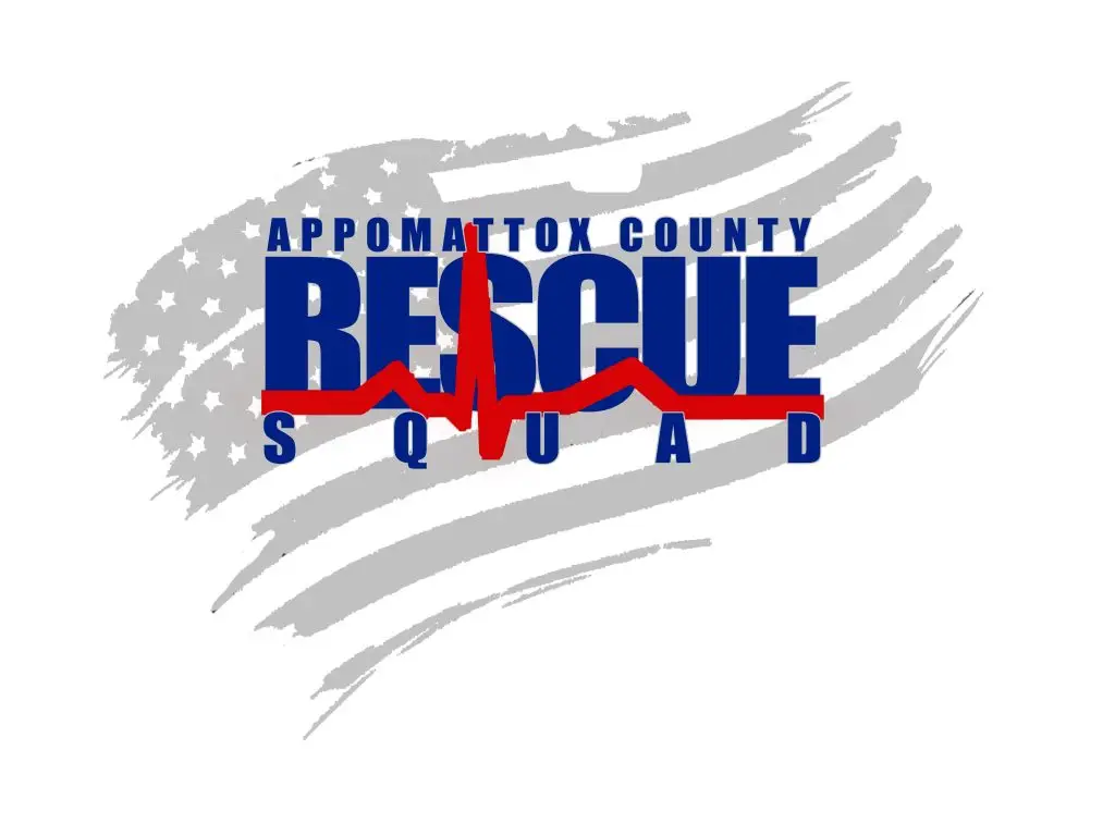 A logo with "Appomattox County Rescue Squad" written in blue and red letters. The word "Rescue" is larger and stylized with a red heartbeat line through it. The background features a grayscale, brushstroke-style American flag.