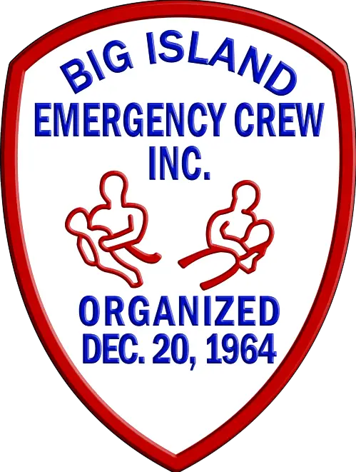 A badge-shaped logo with a red outline. Inside, the text reads "BIG ISLAND EMERGENCY CREW INC. ORGANIZED DEC. 20, 1964" in blue letters. At the center, there are two stylized figures, with one assisting or rescuing the other.