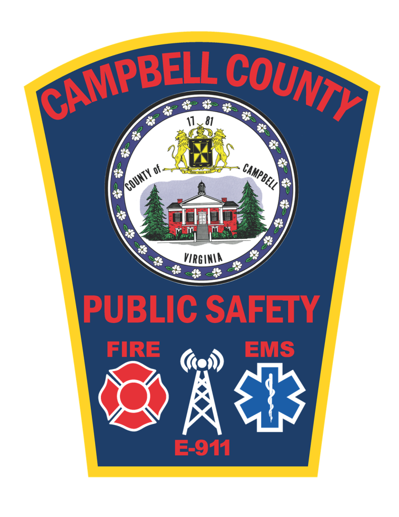 A navy blue badge with yellow borders for Campbell County Public Safety in Virginia. The center features the Campbell County seal, a red building, a fire emblem, EMS symbol, and radio tower. Text includes "Fire," "EMS," "Public Safety," and "E-911.