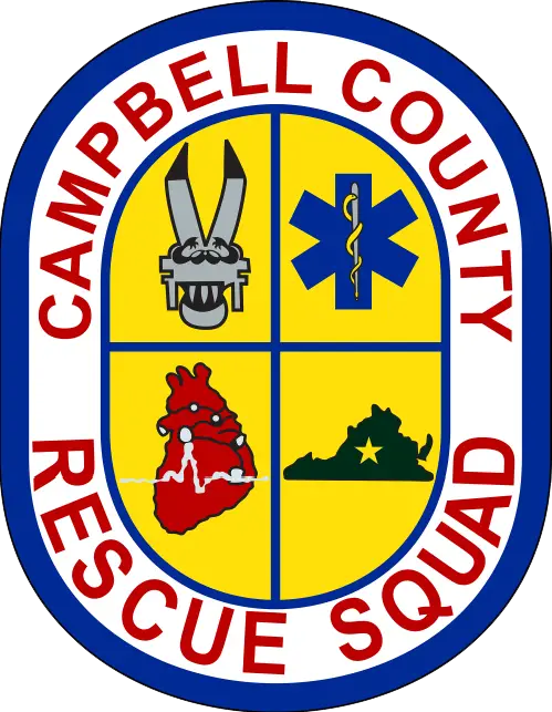 The emblem of the Campbell County Rescue Squad features a four-sectioned shield with emergency-related symbols: a rescue tool, a Star of Life, a heart with an electrocardiogram line, and a map of Virginia. The border reads "Campbell County Rescue Squad.