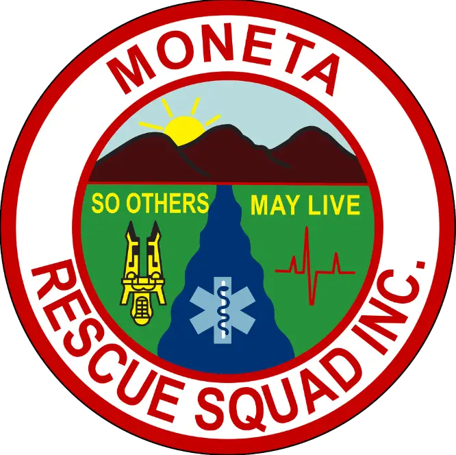 A circular emblem for Moneta Rescue Squad Inc. features a sunrise over mountains, a river, and medical symbols including a star of life and a heart monitor line. Text reads, “So others may live.” The border is red with "Moneta Rescue Squad Inc." written in white.