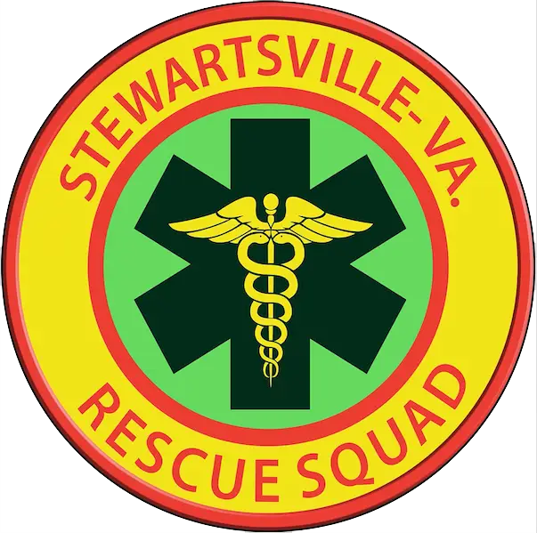 A circular emblem with the words "Stewartsville-VA. Rescue Squad" around the edge. The center features a green medical cross with a yellow caduceus symbol (two snakes wrapped around a winged staff) on a red and yellow background.