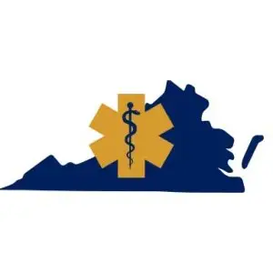 Silhouette of the state of Virginia in dark blue. Overlaid in the center is a yellow star of life symbol with a blue Rod of Asclepius inside it, commonly associated with emergency medical services.